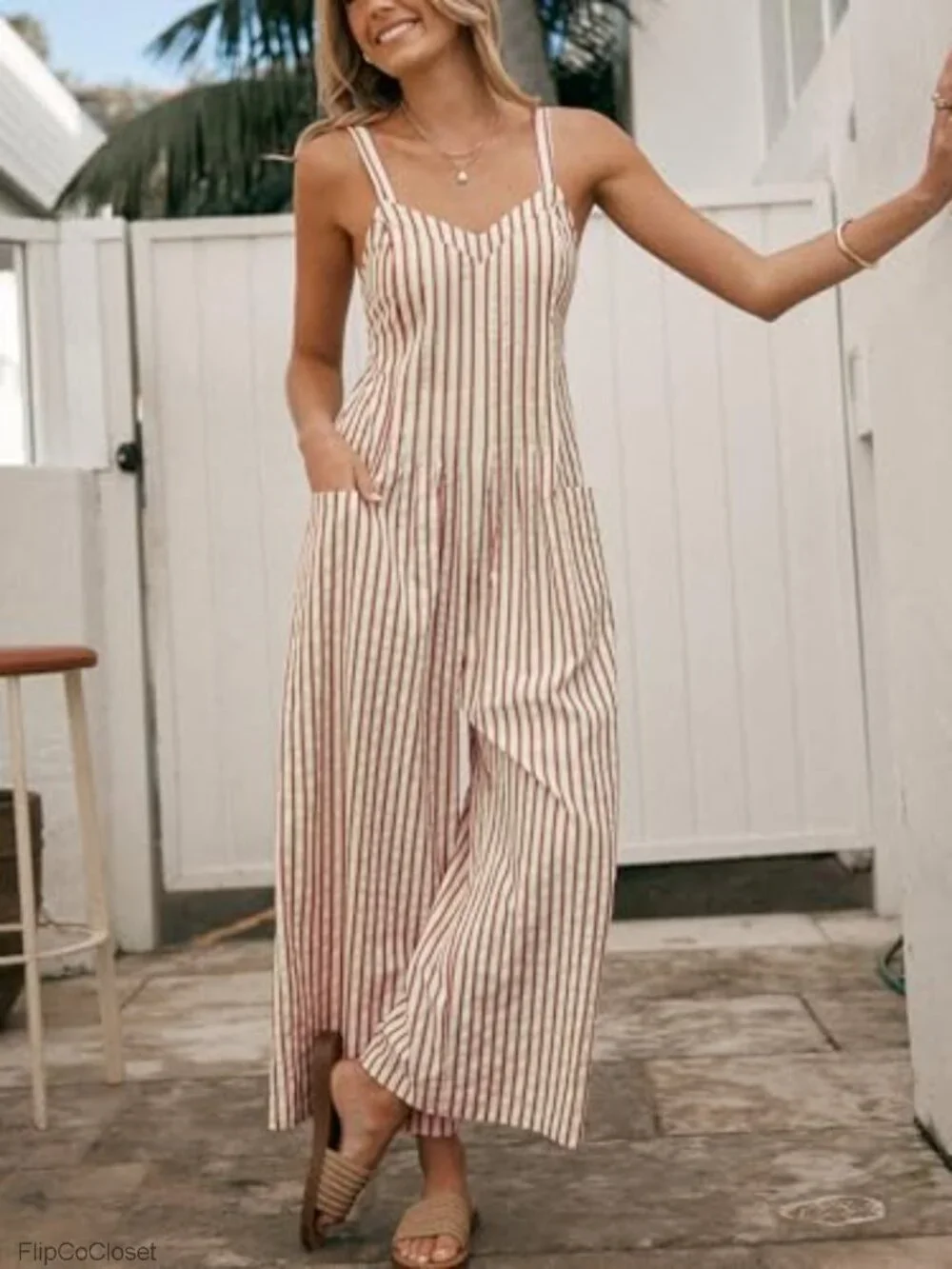 Women Striped Maxi Jumpsuit Wide Leg Sleeveless Cutout Back Pockets Summer